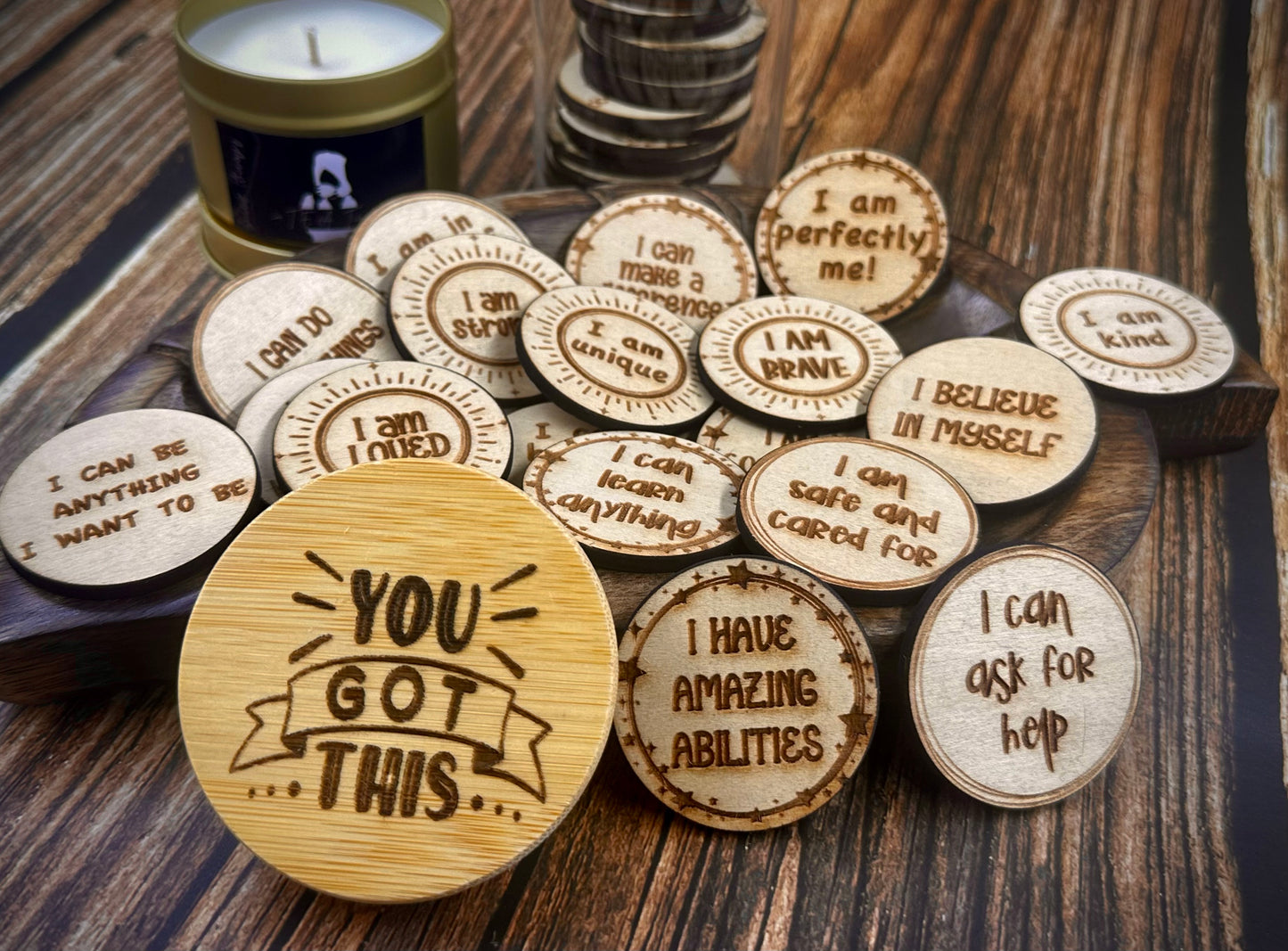 “You Got This” Affirmation Jars with Wooden Tokens