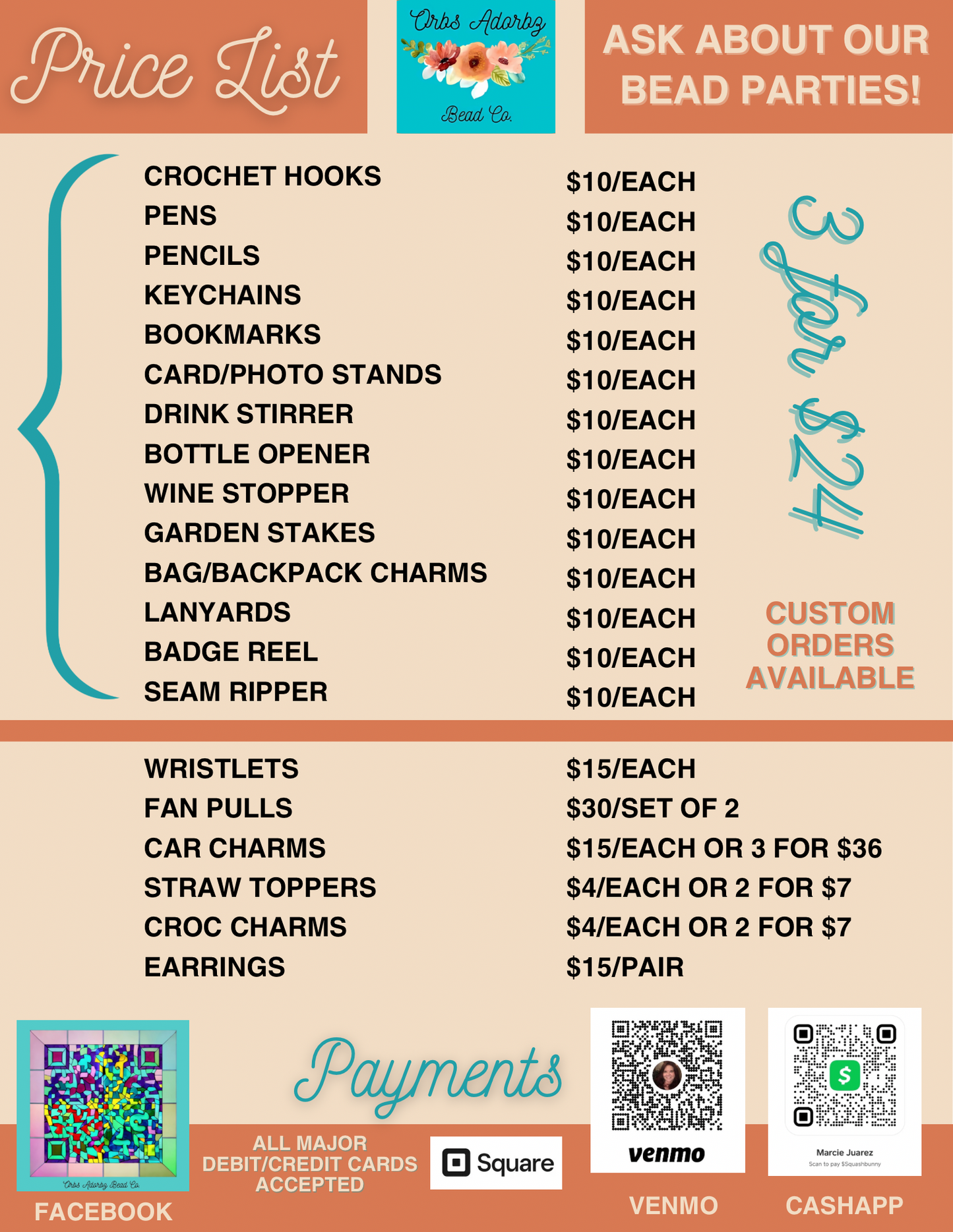 Orbs Adorbz Bead Co. Price List 2024