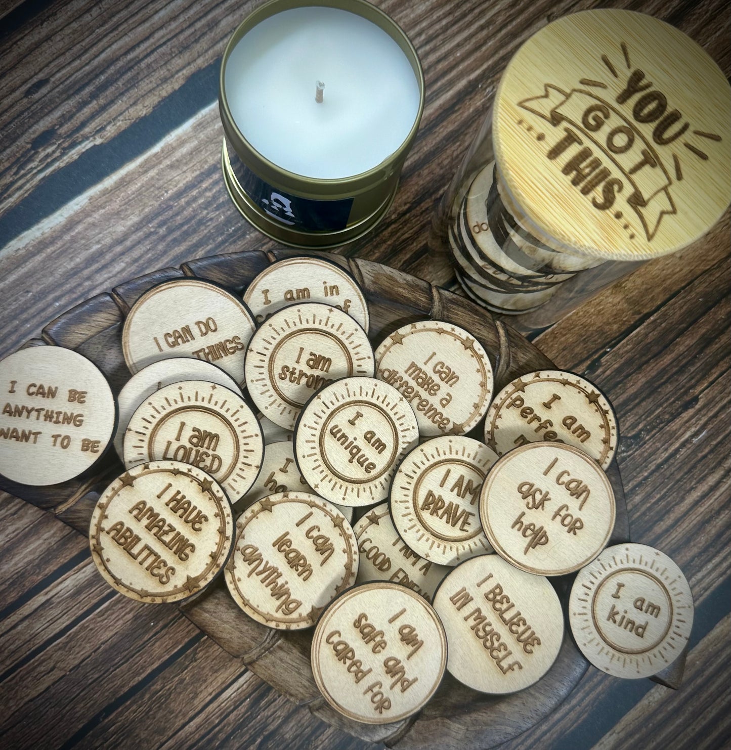 “You Got This” Affirmation Jars with Wooden Tokens