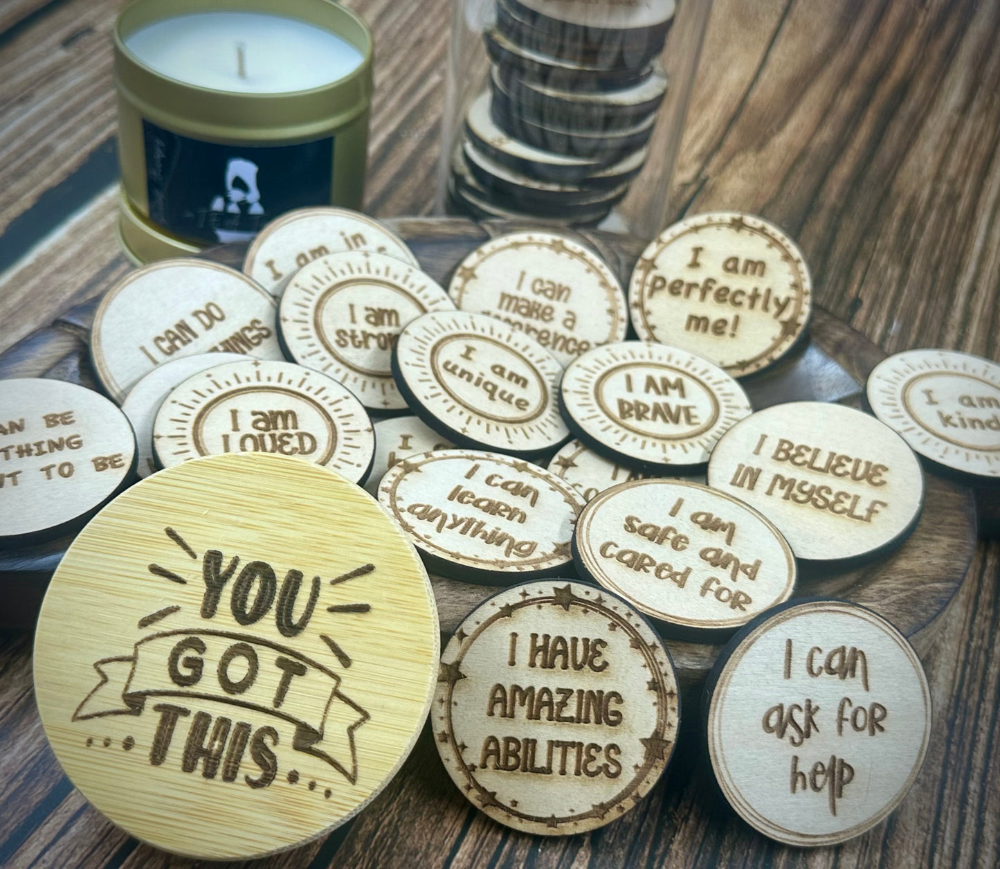 “You Got This” Affirmation Jars with Wooden Tokens